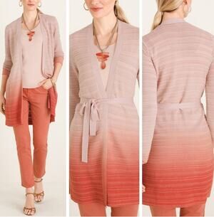 Chico's Ombre Longline Cardigan Sweater Belted Pink Rust Size 1 M NWT